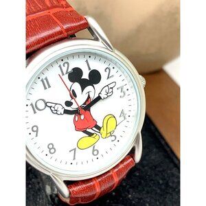 Disney Mickey Mouse Women's Watch White Dial Silver Red Leather Band